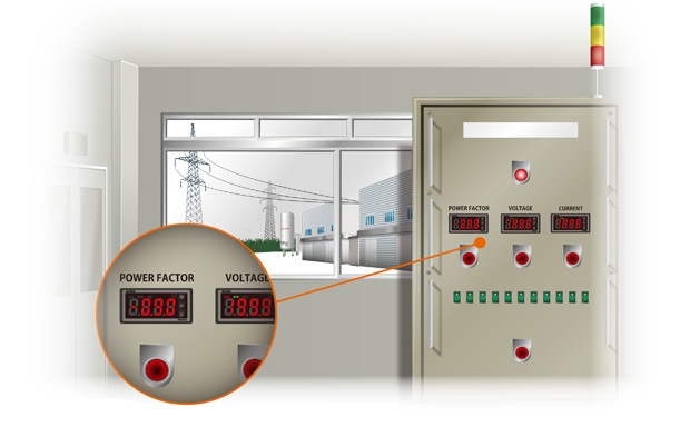 Panel meters used to measure and display voltage and current of processes on distribution panels