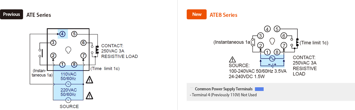 Previous : ATE Series, New : ATE8 Series Common Power Supply Terminals - Terminal 4(Previously 110V) Not used
