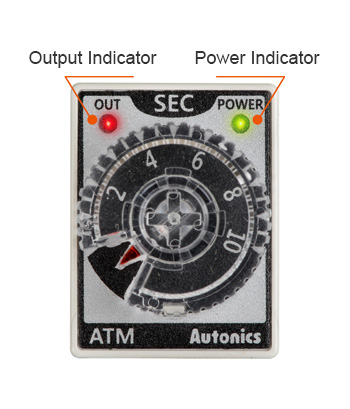 Output Indicator (red LED), power indicators (green LED)