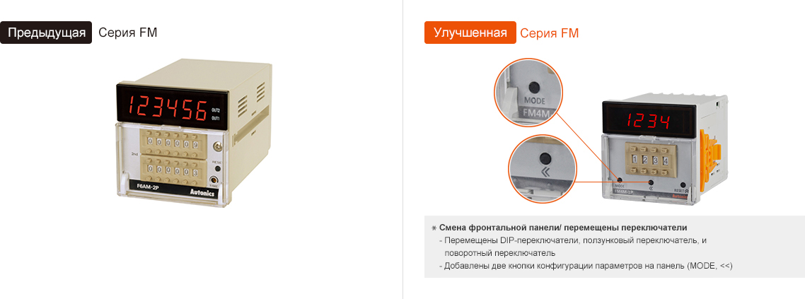 Предыдущая модель:FM Series, Обновление:FM Series *Front Panel Change/Removed Switches -Removed DIP switch, SLIDE switch, and ROTARY switches, -Removed One-Shot adjuster on front panel, -Added two parameter configuration buttons on the front panel (MODE, <<)